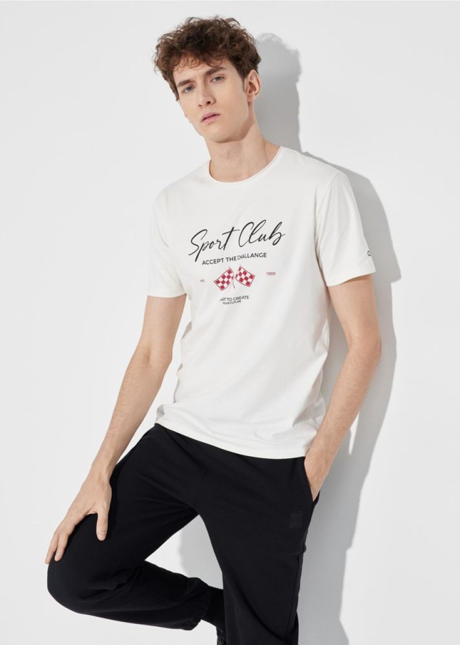 On OCHNIK T-Shirty | Kremowy T-Shirt Meski Z Printem